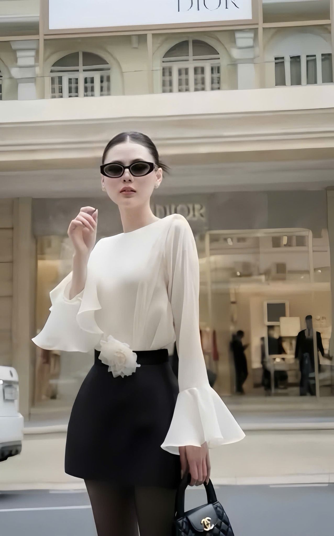 Set áo voan tay loe viền bèo mix chân váy form A kèm tag hoa - ĐEN - P251 (Tính màu váy) (EO S<66, M<70)