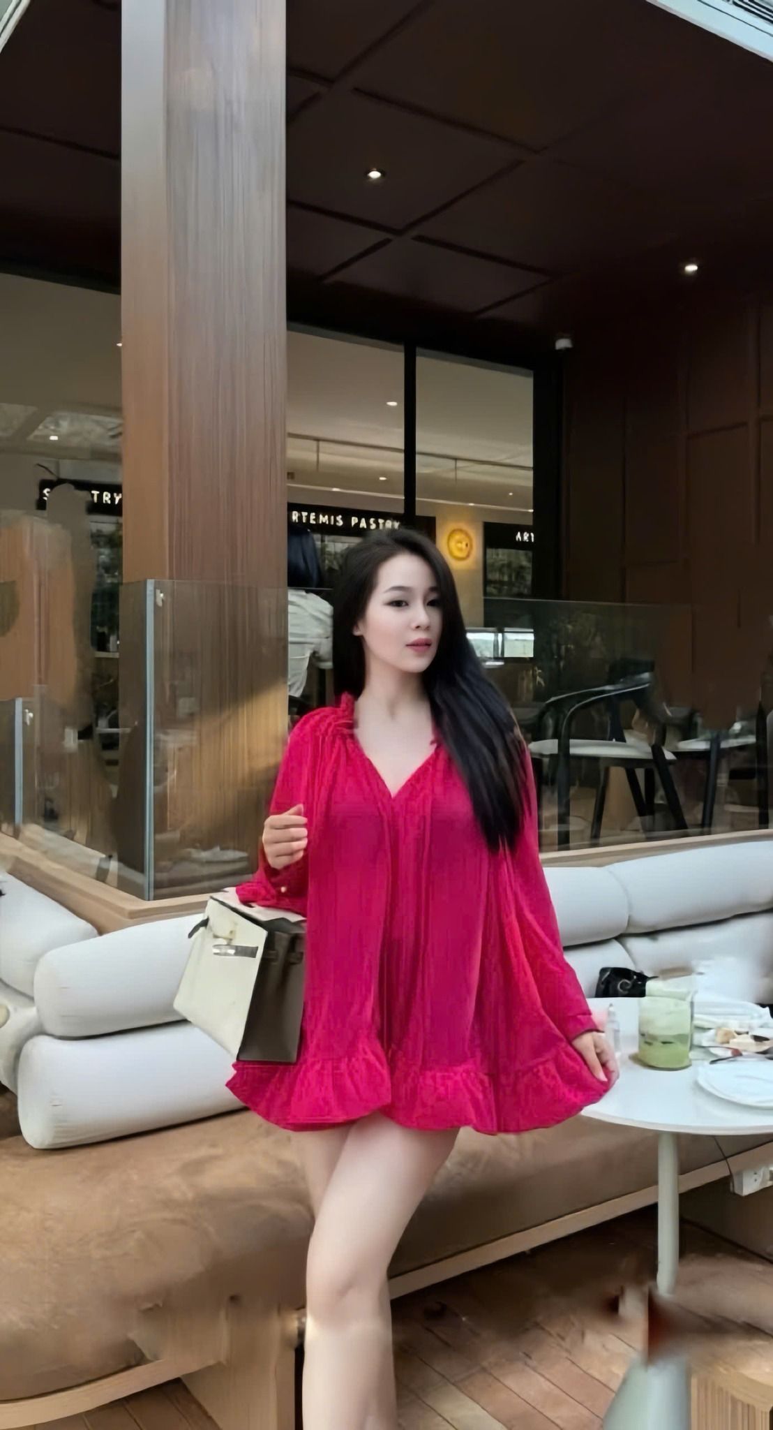 Áo babydoll tay dài cổ v form bồng tiểu thư - HỒNG - P272