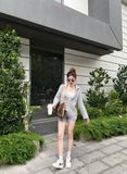 Set áo len cổ v mix quần short đùi QC - XÁM - R03