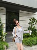 Set áo len cổ v mix quần short đùi QC - XÁM - R03