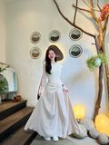 Set áo tay ngắn mix chân váy dáng dài nhún nhẹ - P506 ( FREESIZE eo < 70cm )