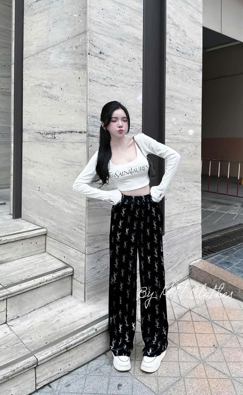 Set áo tay dài cổ u mix quần suông dài YSL - TRẮNG - P513
