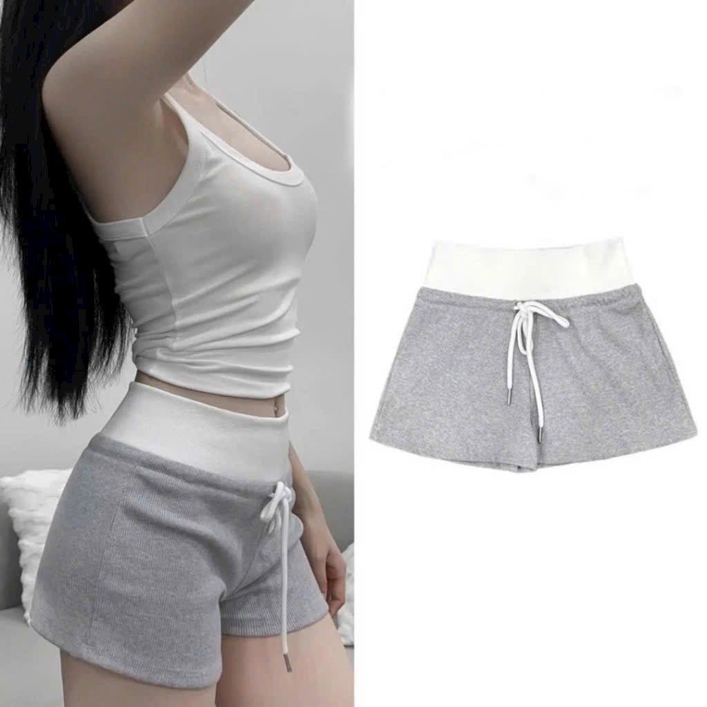 Quần short cạp chun cao kèm dây rút eo - XÁM - S4 (FREESIZE dưới 53kg)