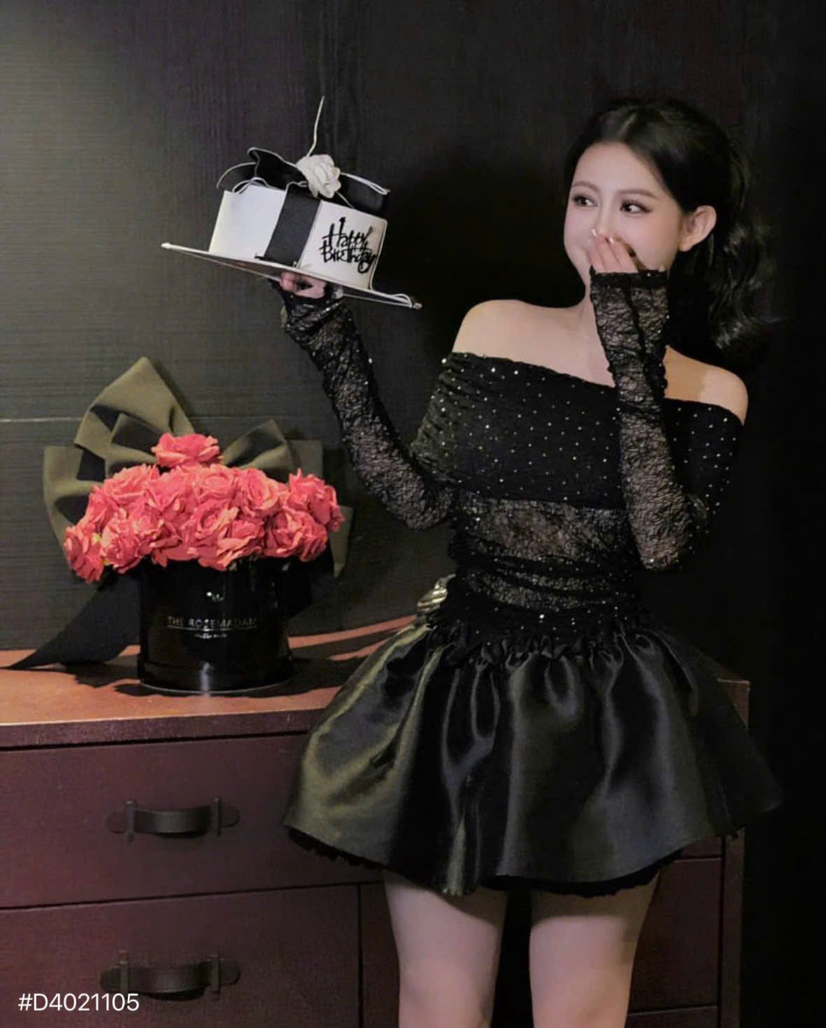 Váy trễ vai ren đá chân bồng tiểu thư - ĐEN - S128