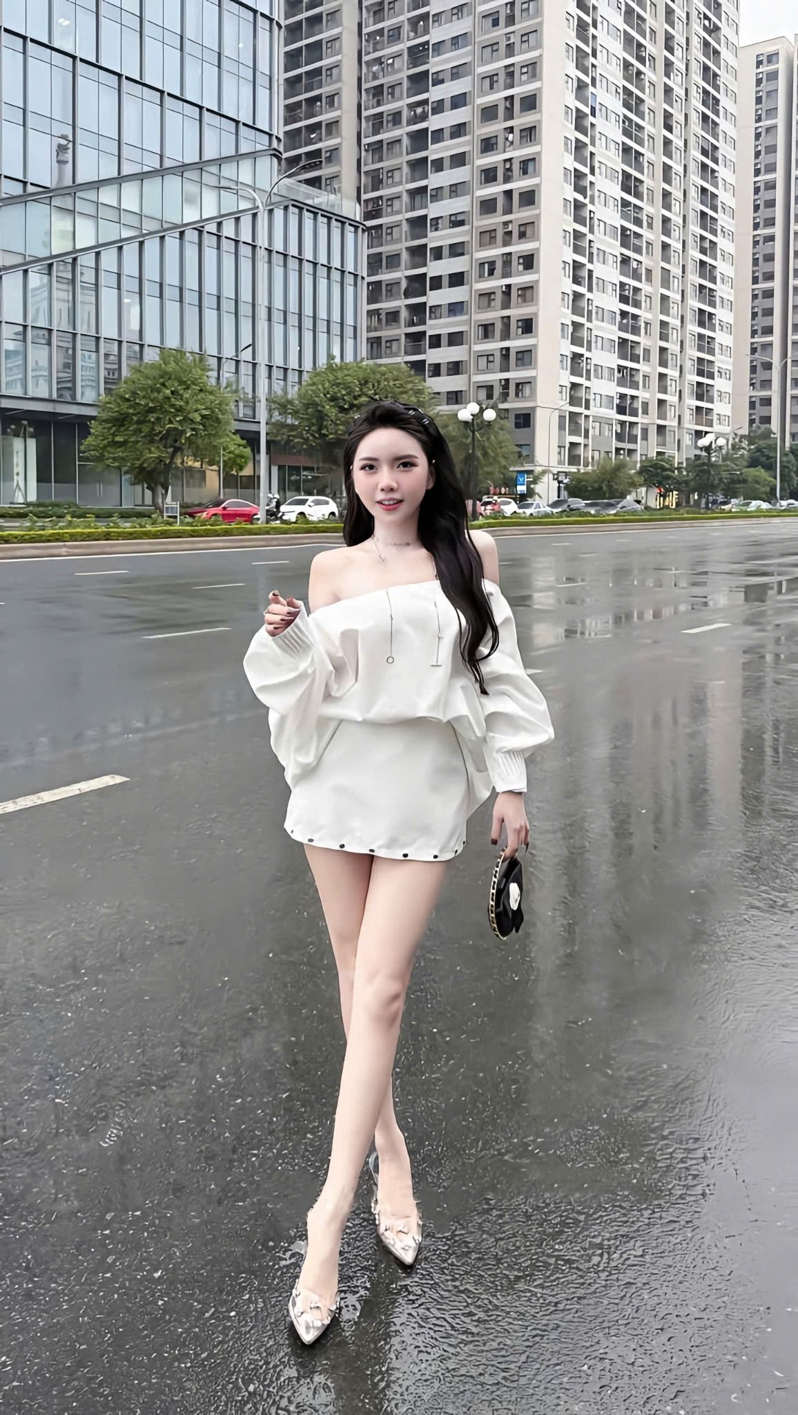 Set áo lệch vai tay dài dáng bồng mix chân váy đính đinh - TRẮNG - S144 (EO S<68, M<72)
