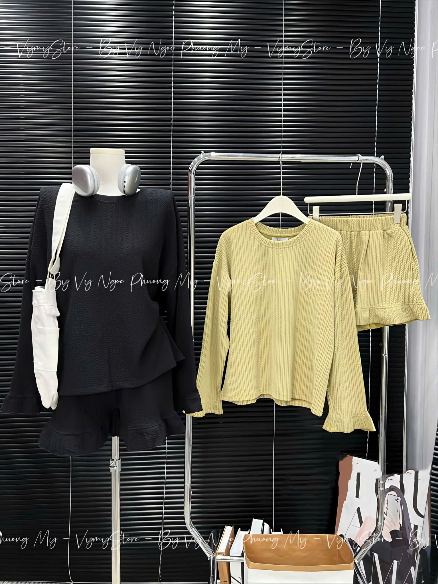 Set bộ nữ áo len gân tay loe dài phối quần đùi siêu xinh - BƠ - S173
