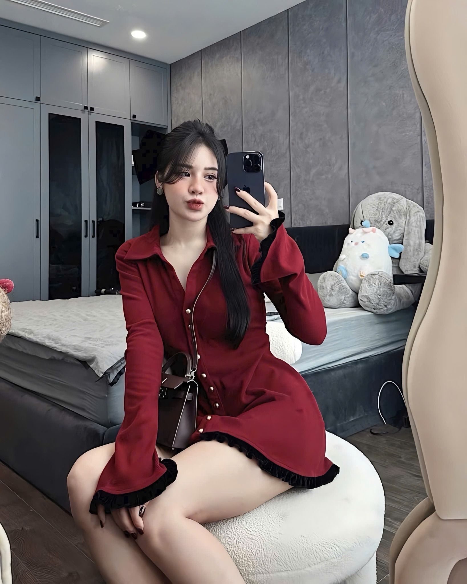 Đầm body cổ sơ mi tay loe phối bèo - ĐỎ - S184
