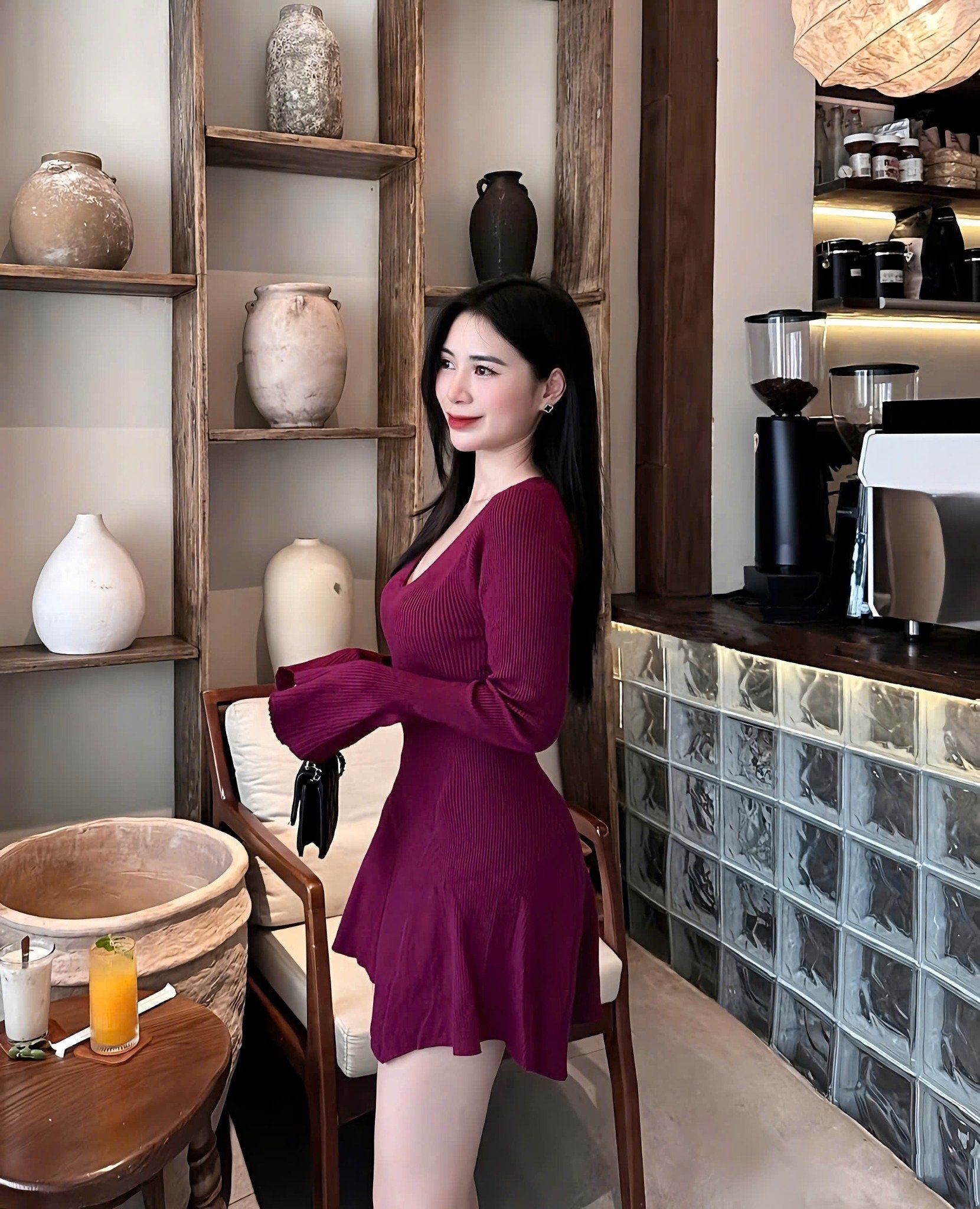 Đầm len tay loe cổ tim form basic - TÍM - S241