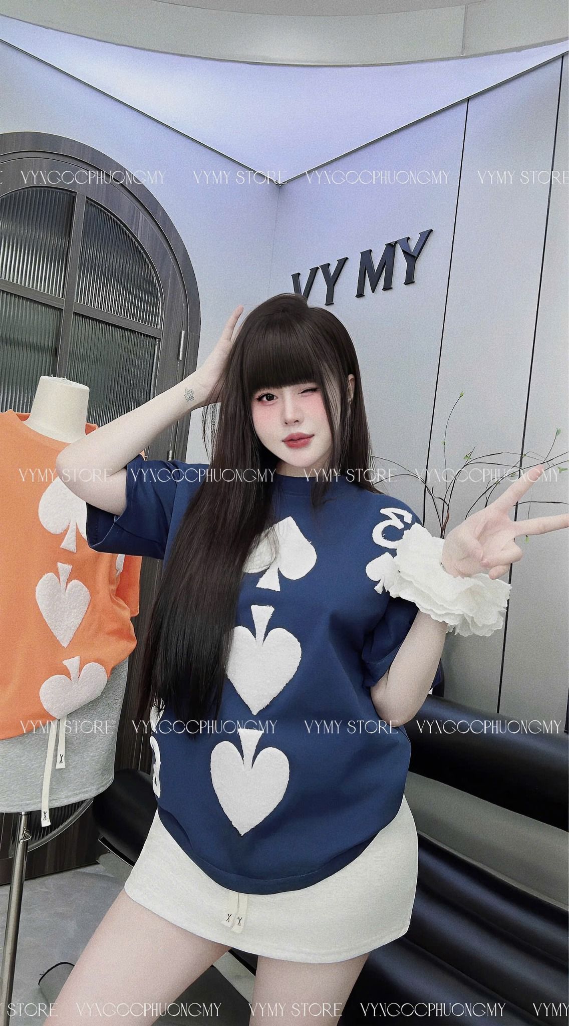 Set áo thun 3 bích phối lông mix chân váy dáng A - XANH - Z76