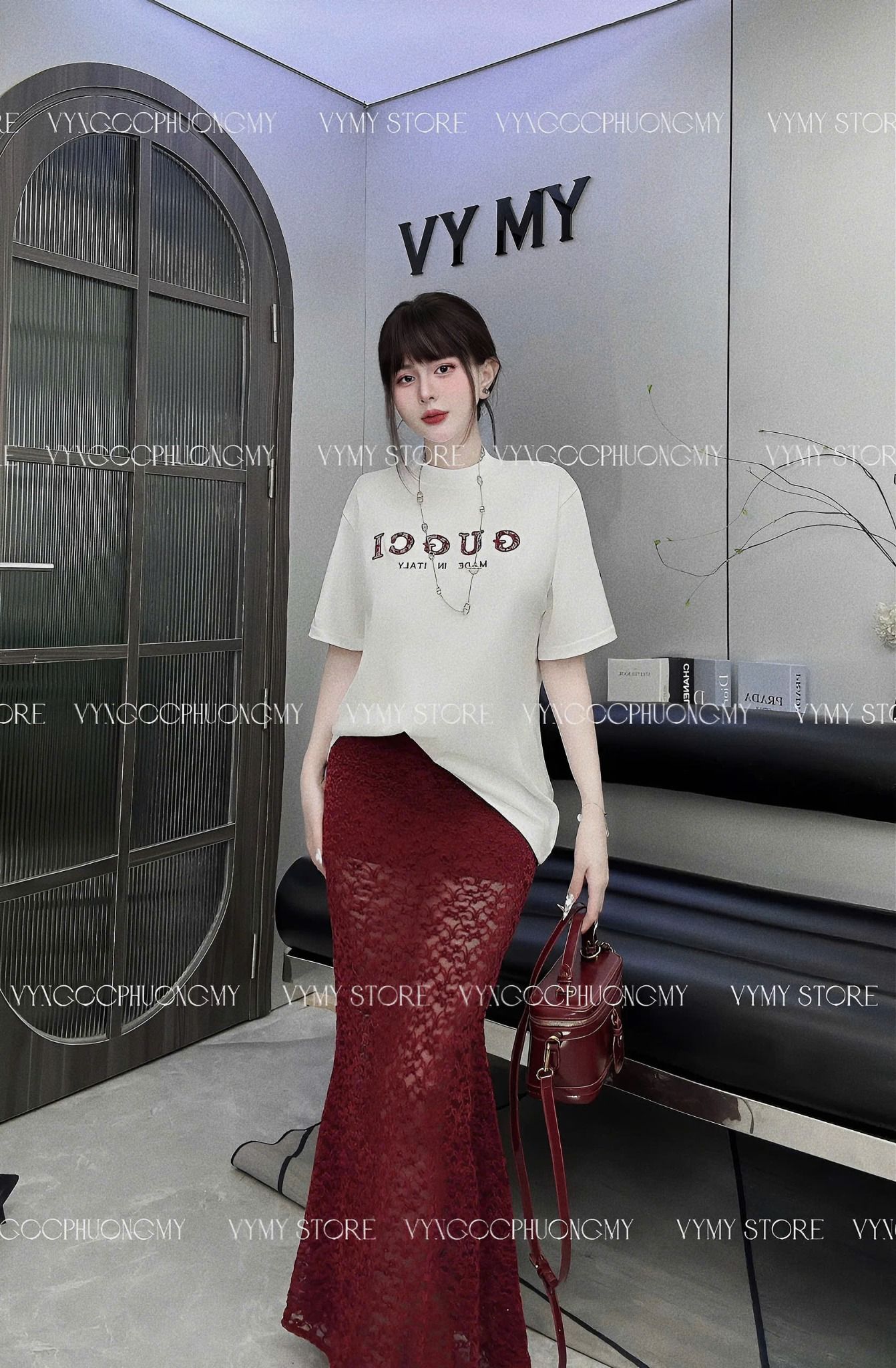 Set áo in chữ gucci mix chân váy ren đuôi cá - TRẮNG - Z88 (EO S<66, M<70) (TÍNH MÀU ÁO)