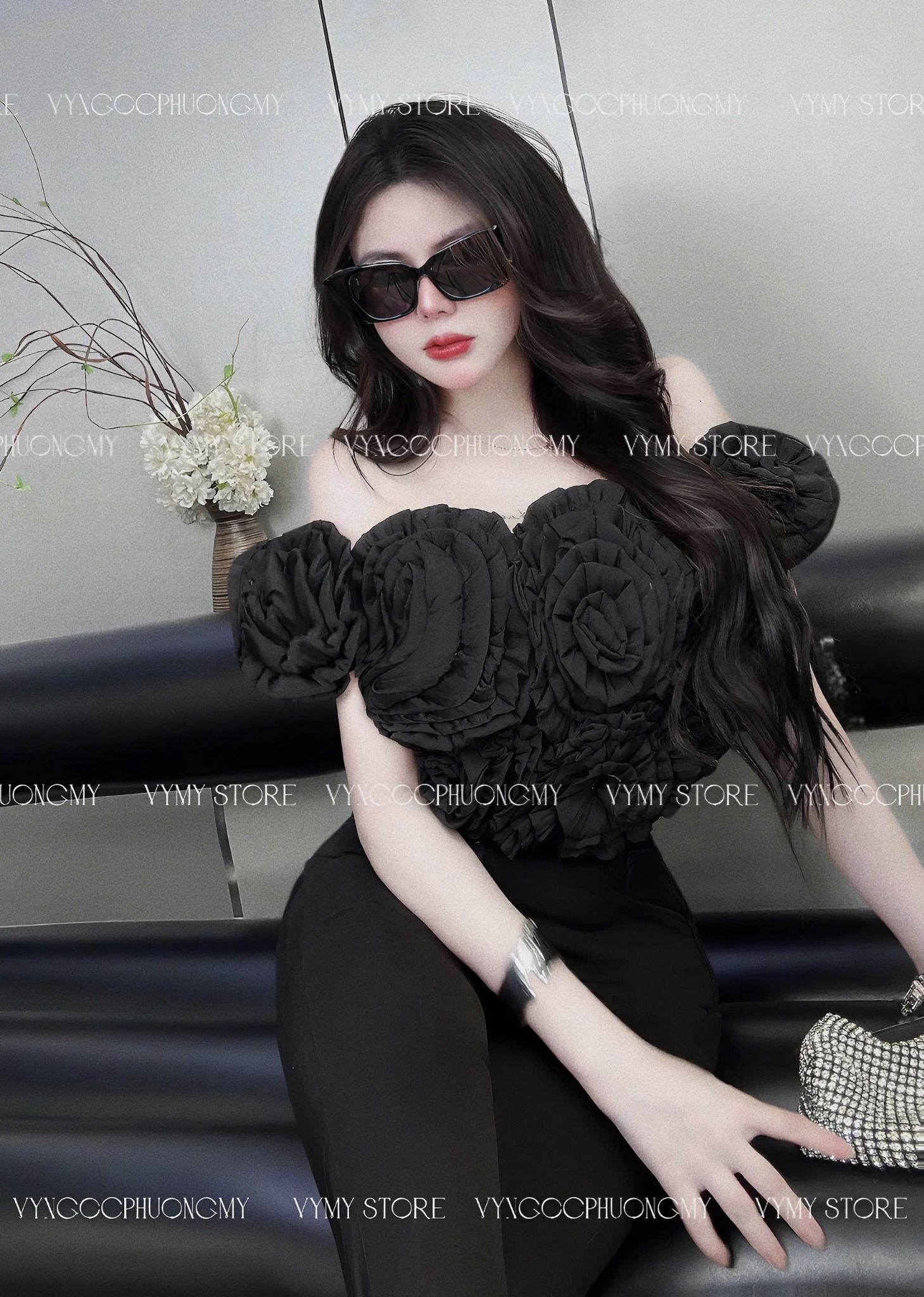 Áo trễ vai đính hoa crotop bo chun lưng cao cấp - ĐEN - Z161