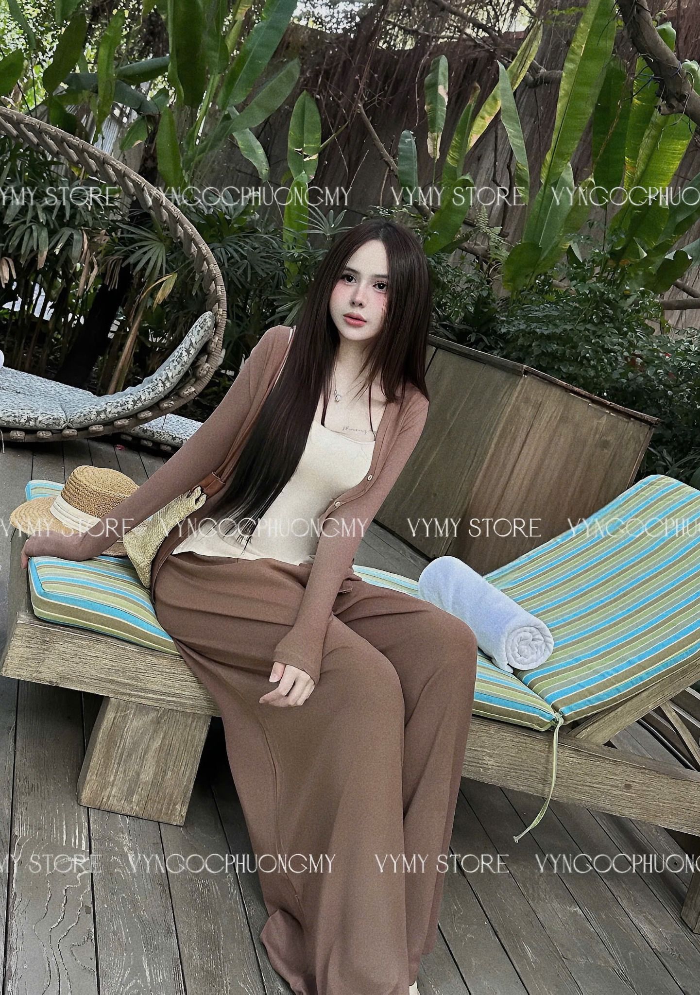 Set 3 món áo hai dây phối kèm cardigan mix quần ống suông dày dặn - NÂU - Z271