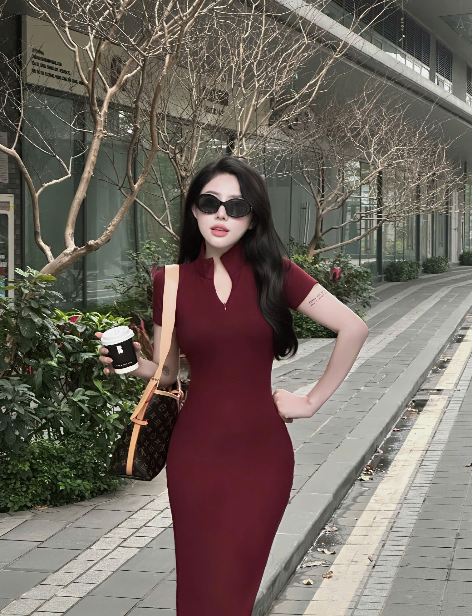 Đầm body dài cổ đức có khóa kéo tôn dáng - ĐỎ - M12