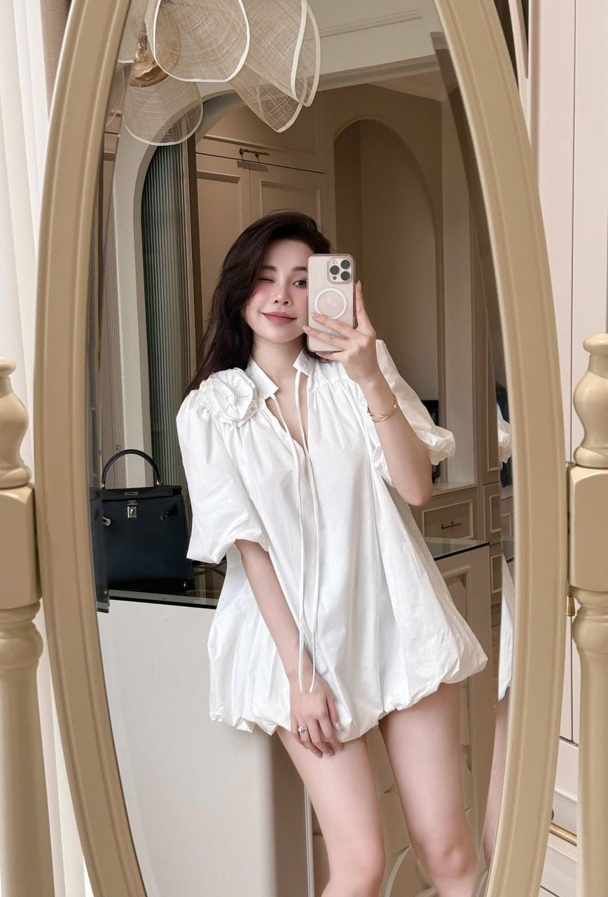 Áo sơ mi tay bồng thô đính hoa thắt dây - M38