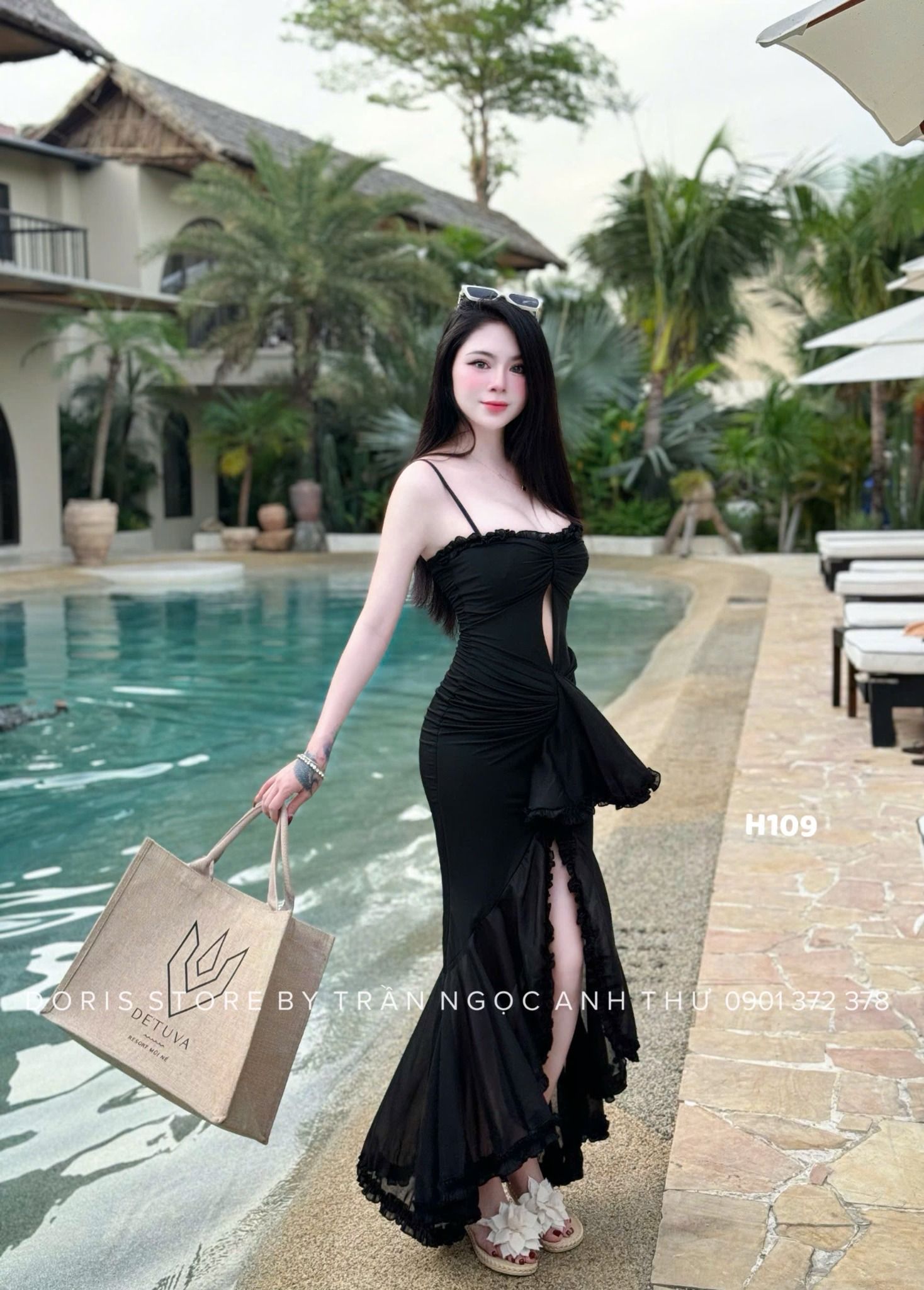 Váy maxi 2 dây khoét eo form đuôi cá quyến rũ - ĐEN - M48