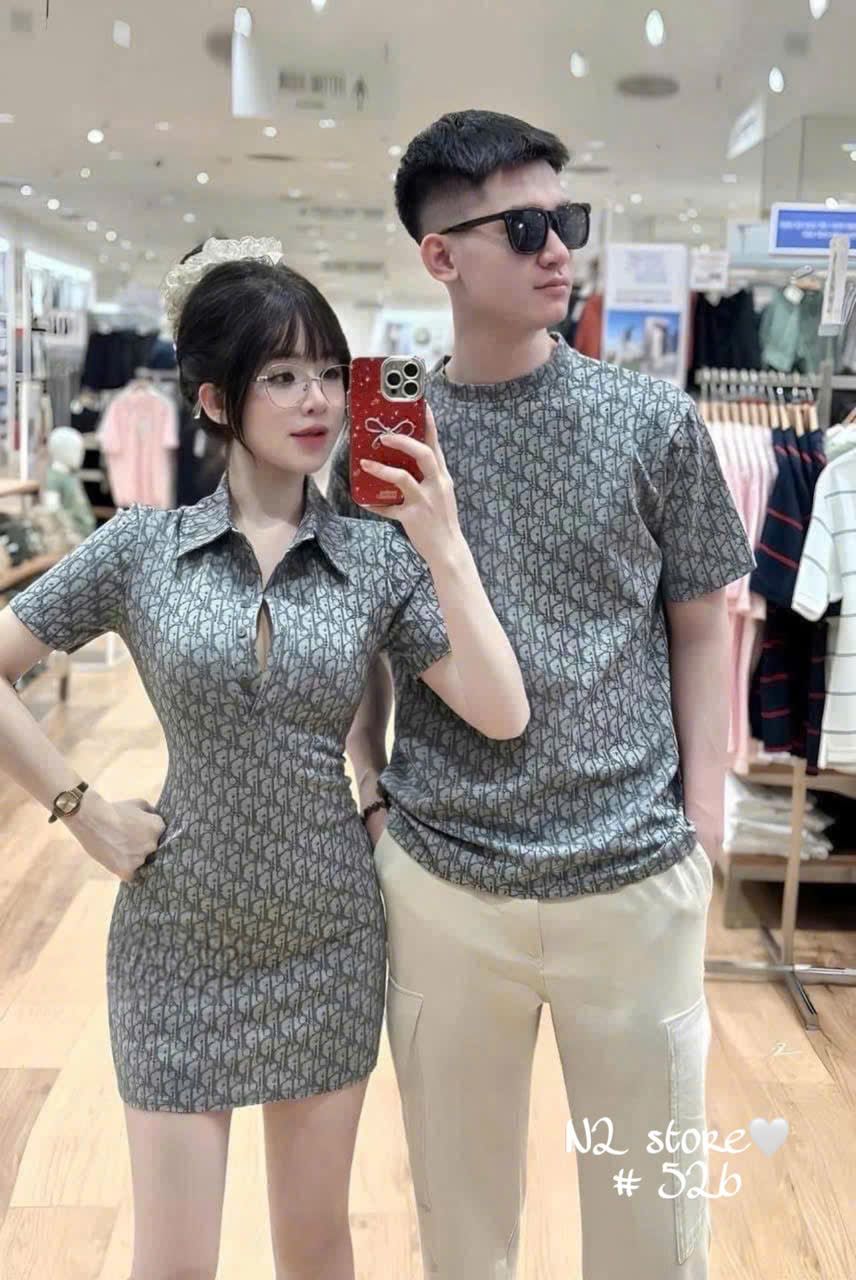 Set 2 món couple đầm polo + áo phông form rộng Dior - XÁM - M76