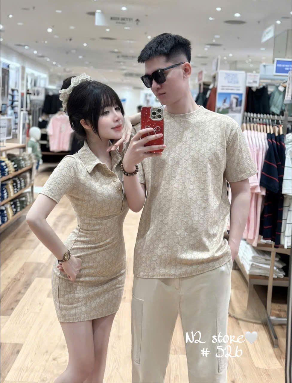 Set 2 món couple đầm polo + áo phông form rộng Dior - BE - M75