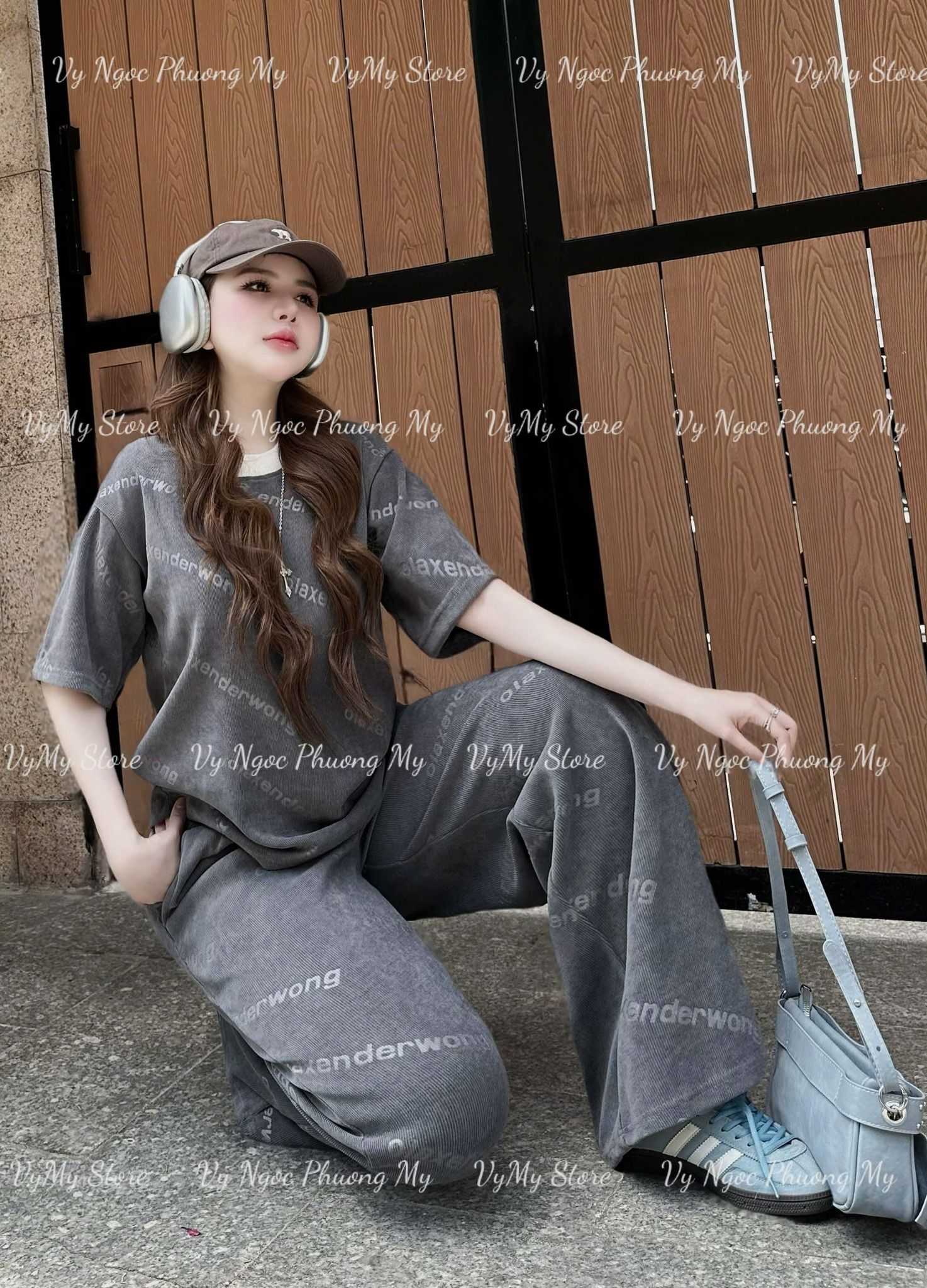 Set áo phông viền cổ mix quần suông dài alexenderwong - XÁM - M201