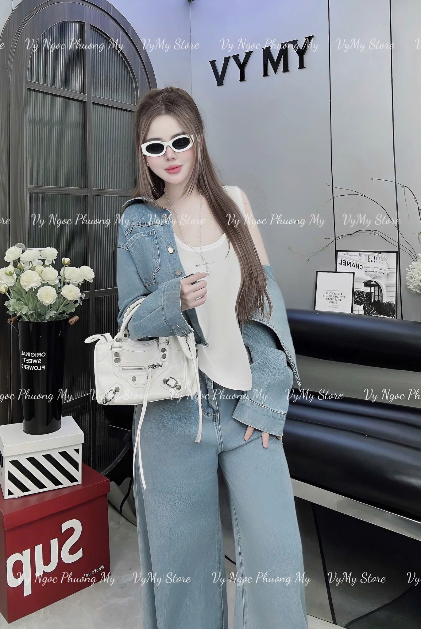 Set 2 món áo sơ mi tay dài mix quần suông dài chất jean - NHẠT - M253