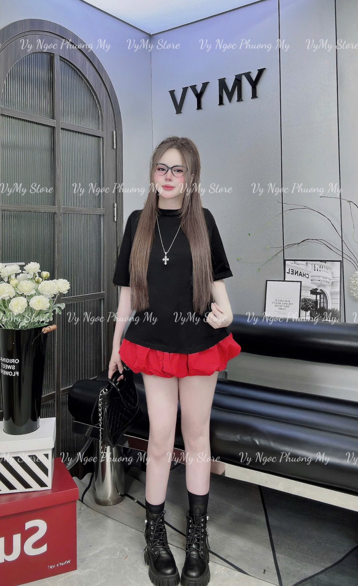 Set áo phông cổ tròn phối dây bính lưng đính nơ mix chân váy bí - ĐEN - M248 (EO S<68, M<72) TÍNH MÀU ÁO