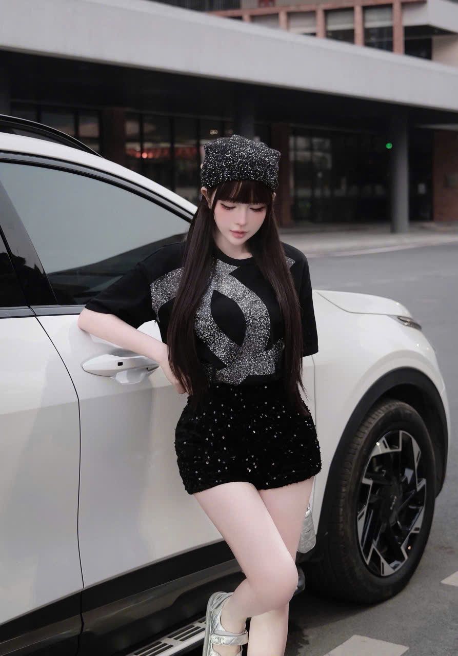 Set áo phông logo Chanel nhũ mix quần short kim sa - ĐEN - M331 (eo S<68, M<72)
