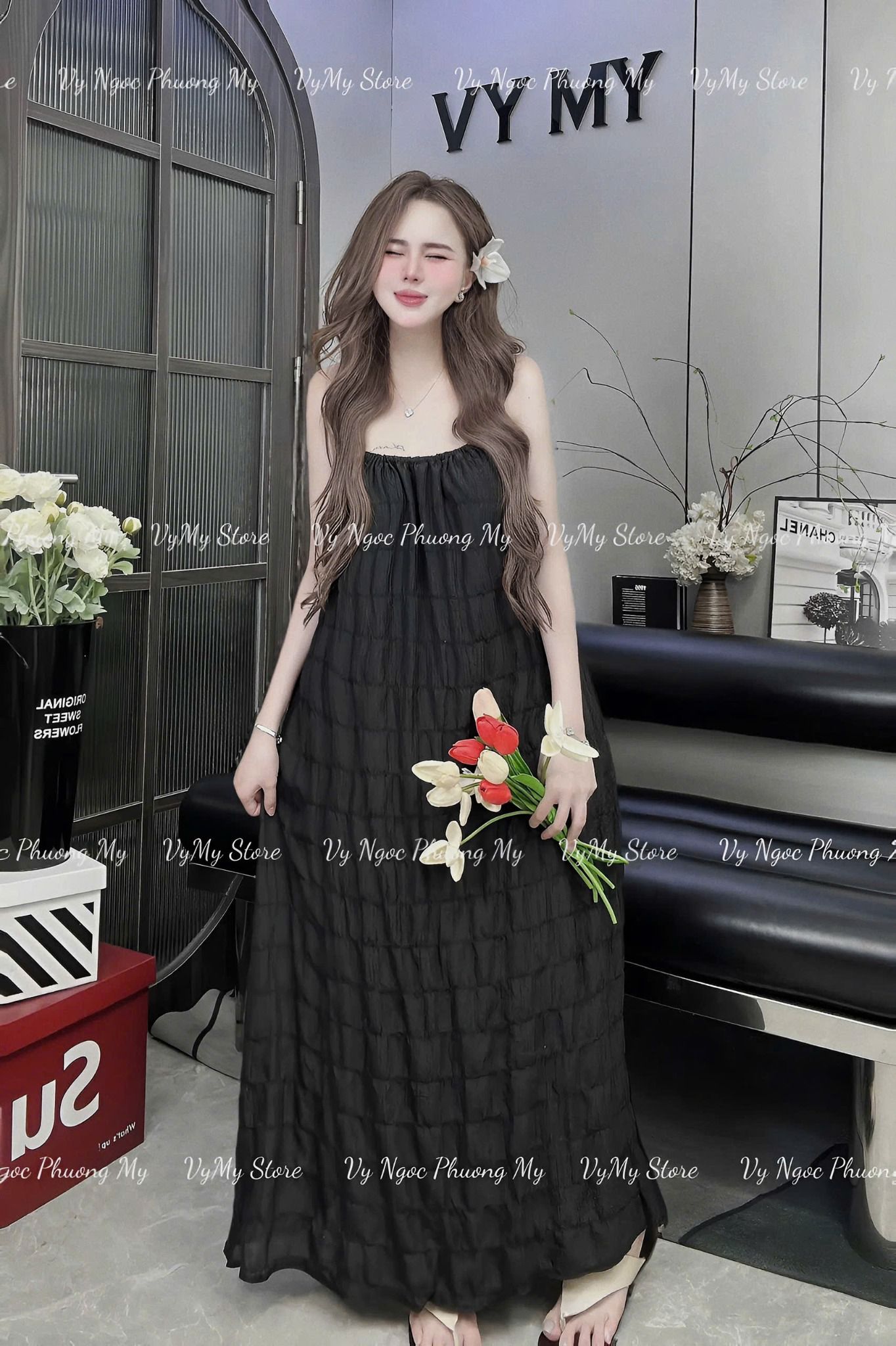 Đầm maxi 2 dây đũi hàng hai lớp form dài sịn sò - ĐEN - M339