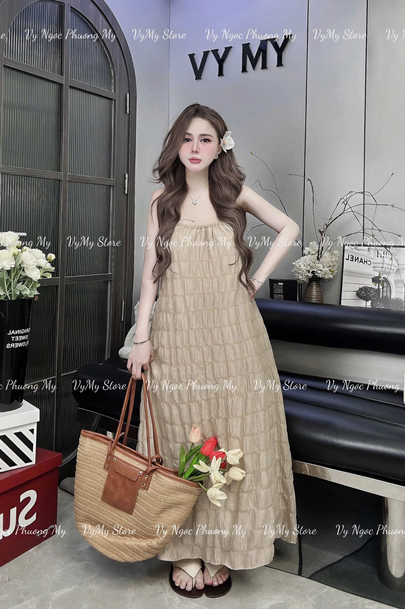 Đầm maxi 2 dây đũi hàng hai lớp form dài sịn sò - NÂU - M338