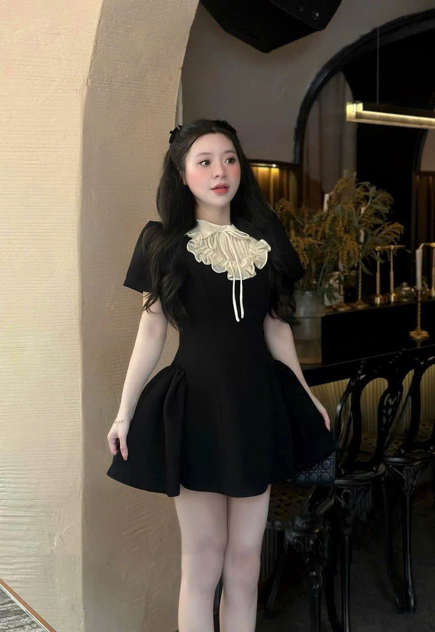 Đầm cổ sen phối bèo dáng xòe tiểu thư - ĐEN - M341 (EO S<68, M<72)