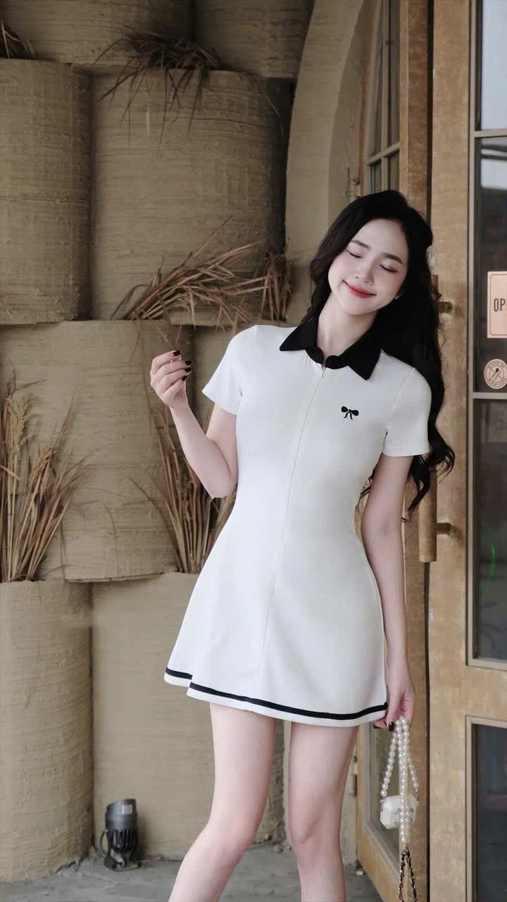 Đầm cổ đức khóa kéo thêu nơ xinh xĩu - TRẮNG - M347 (EO S<68, M<72)