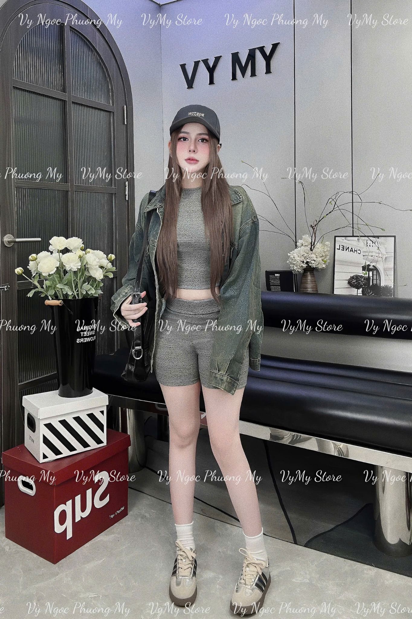 Set áo thun body croptop mix quần đùi cạp cao - XÁM - M352