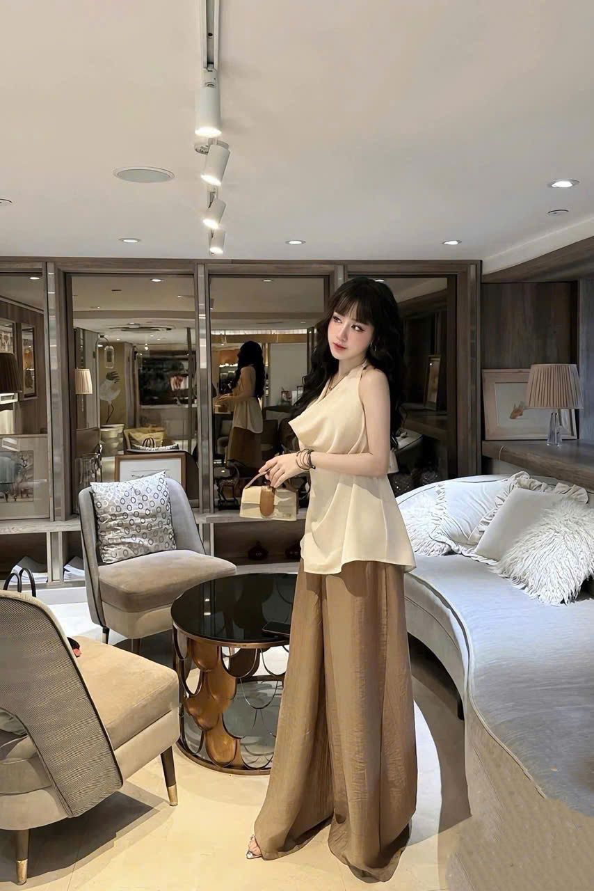 Set áo cổ đổ mix quần suông rộng dài sang chảnh - M360 (eo S<68, M<72)