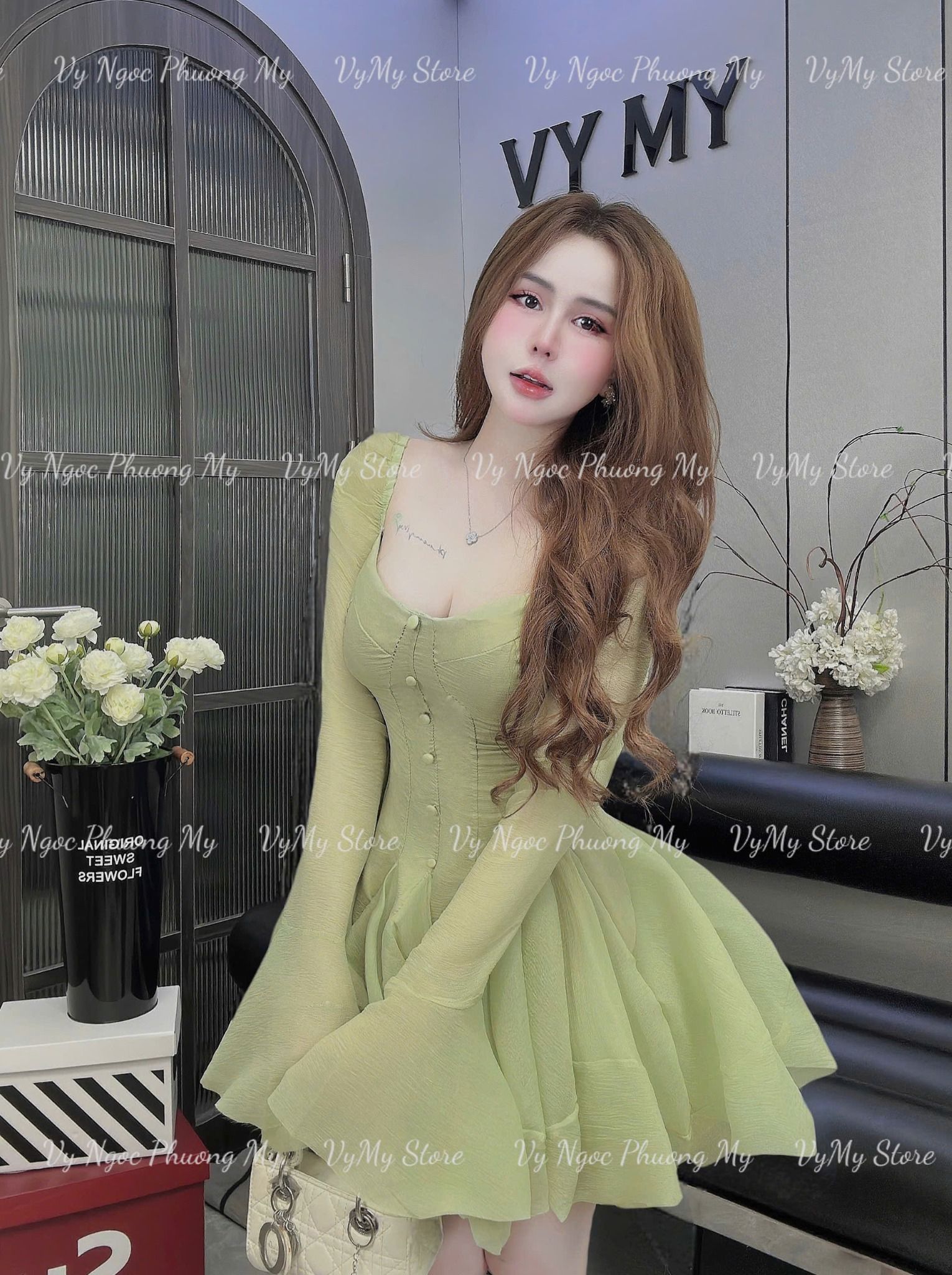 Đầm tơ cúp ngực nút bọc form xòe tay dài loe 2 lớp - XANH - V197 (eo S<66, M<70, L<74)