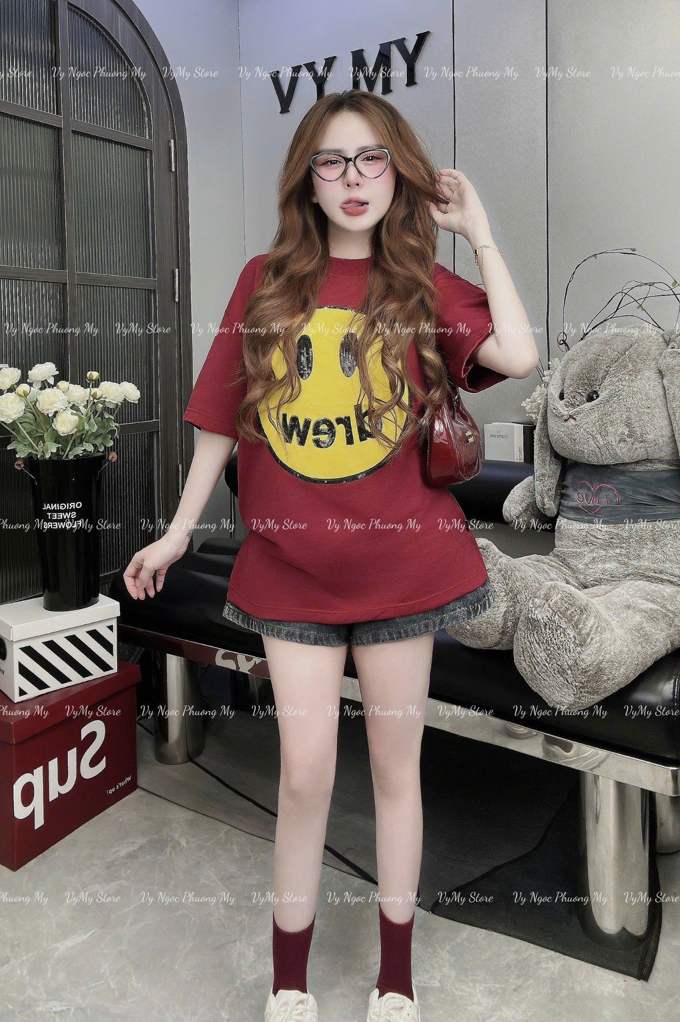 Set áo phông mặt cười Drew mix quần short jean họa tiết - ĐỎ - V223