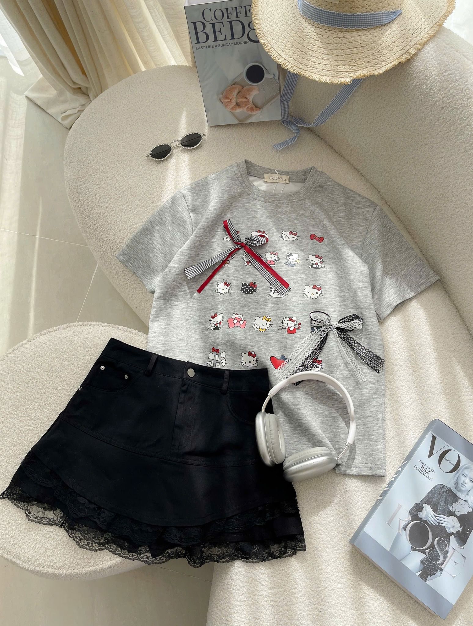 Set áo phông hello kitty đính nơ mix chân váy bò chân xòe phối ren - ĐEN - V293 (eo S<68, M<72) / TÍNH MÀU VÁY