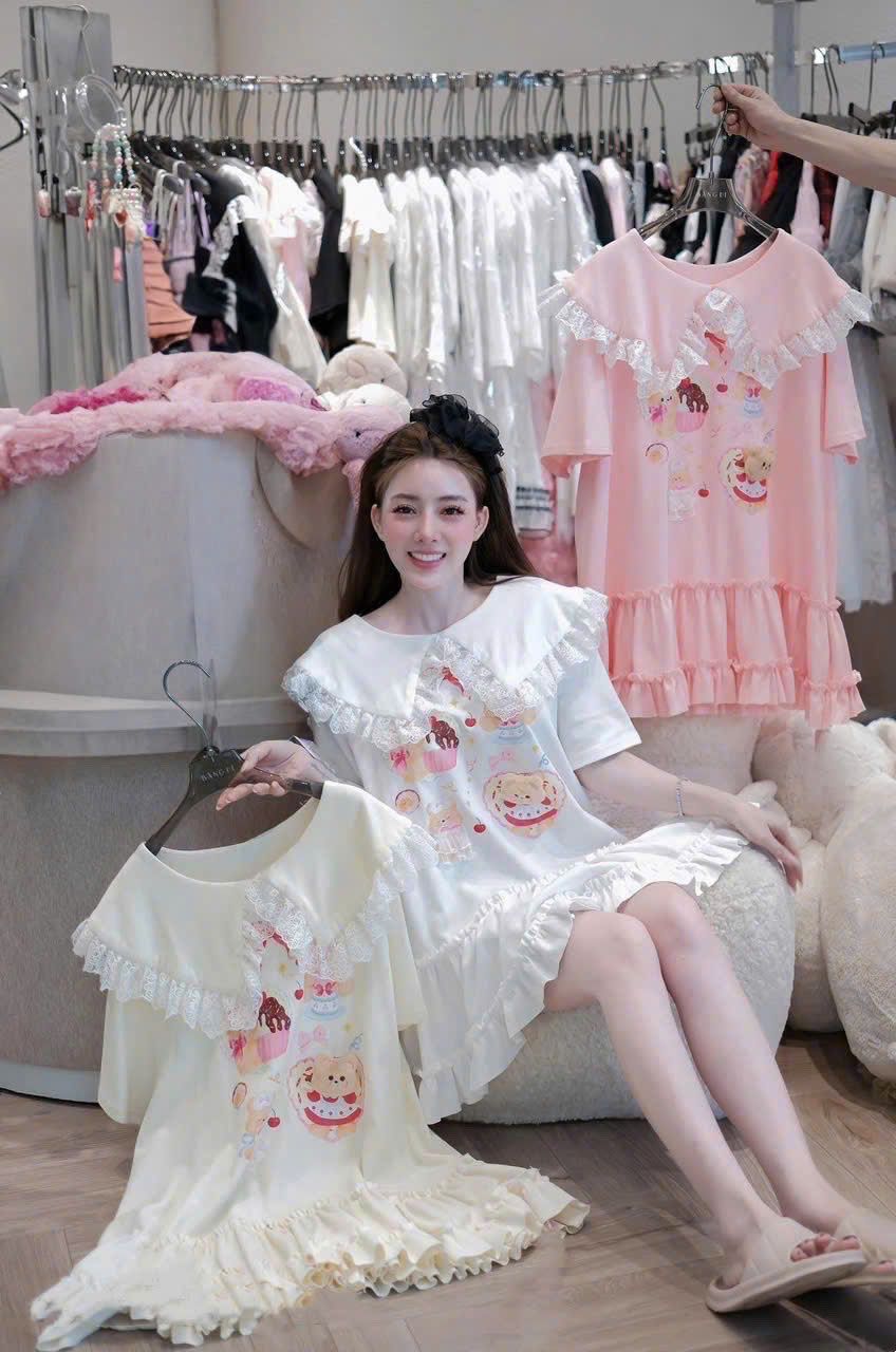 Váy babydoll cổ bèo phối ren tiểu thư - TRẮNG - V345