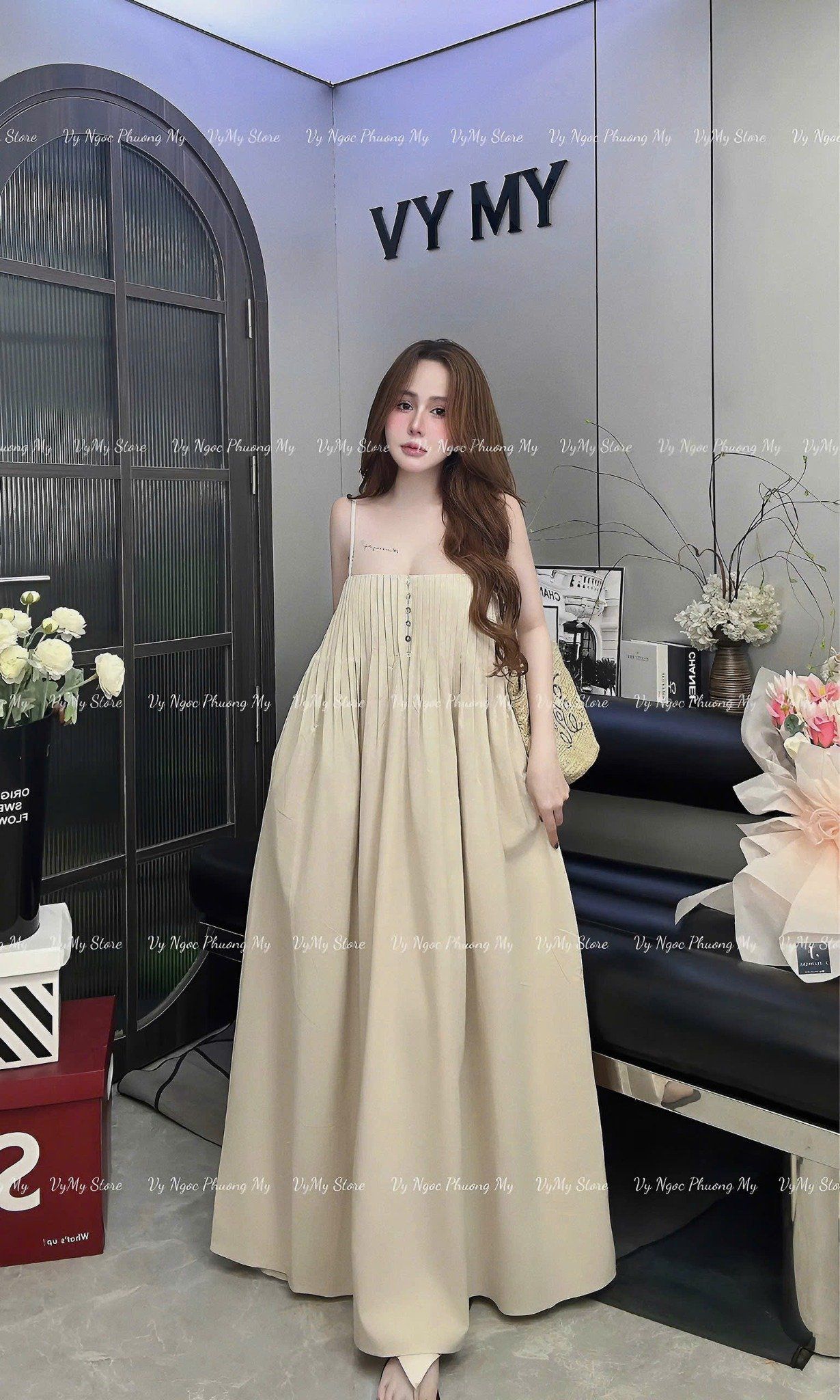 Váy 2s maxi xếp li đính cúc xà cừ dáng dài dày dặn - KEM - V460