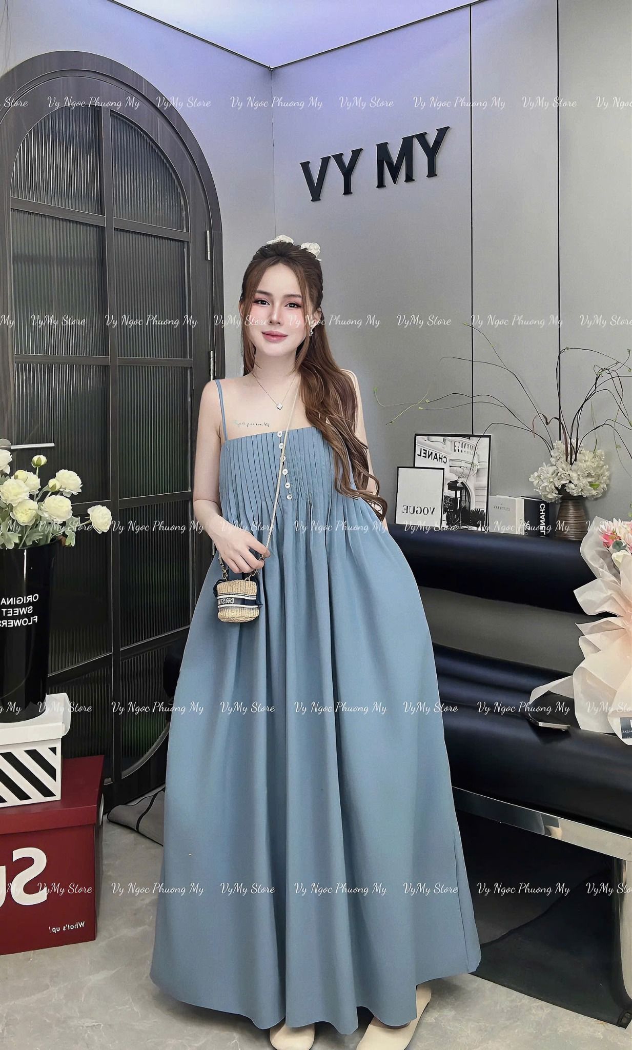 Váy 2s maxi xếp li đính cúc xà cừ dáng dài dày dặn - XANH DƯƠNG - V461
