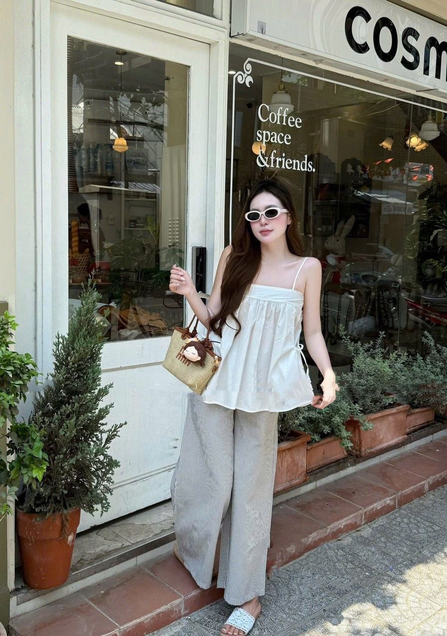 Set áo hai dây babydoll buộc dây mix quần suông ống rộng kẻ sọc - TRẮNG - V508