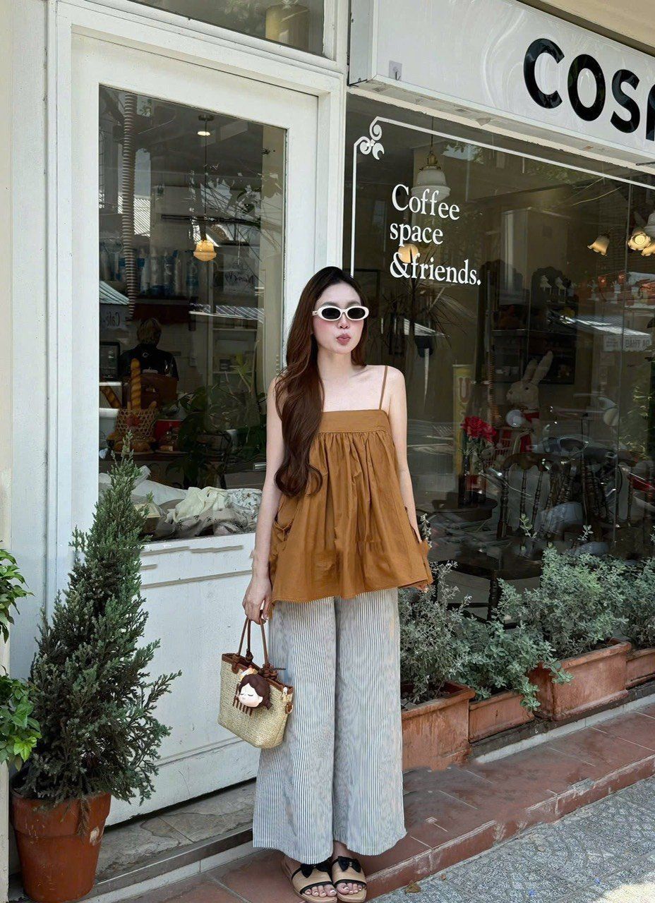 Set áo hai dây babydoll buộc dây mix quần suông ống rộng kẻ sọc - NÂU - V507