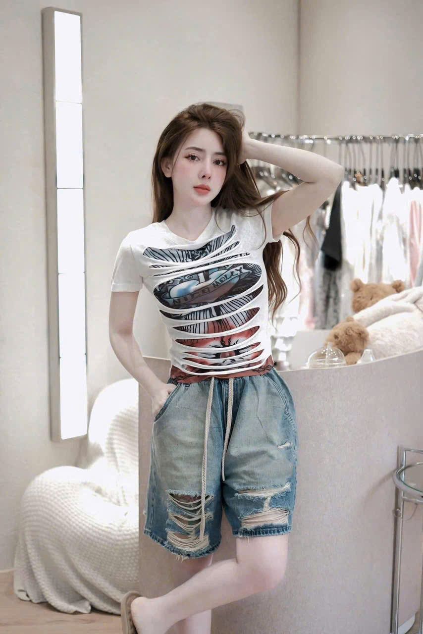Áo thun cộc tay in hình phối rách cá tính - TRẮNG - V524