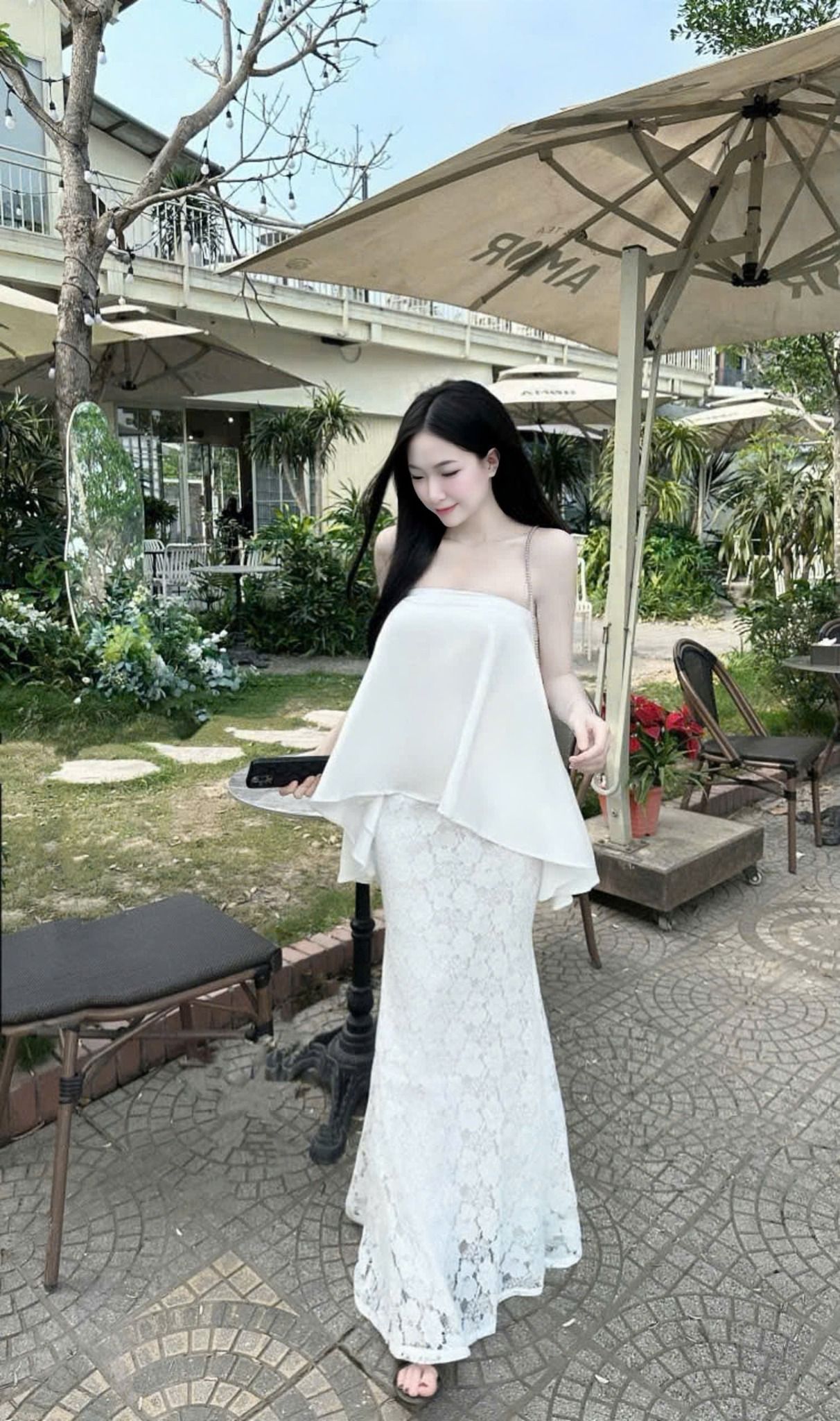 Set áo quây lụa form suông mix chân váy ren 2 lớp - V535 (eo S<68, M<72)