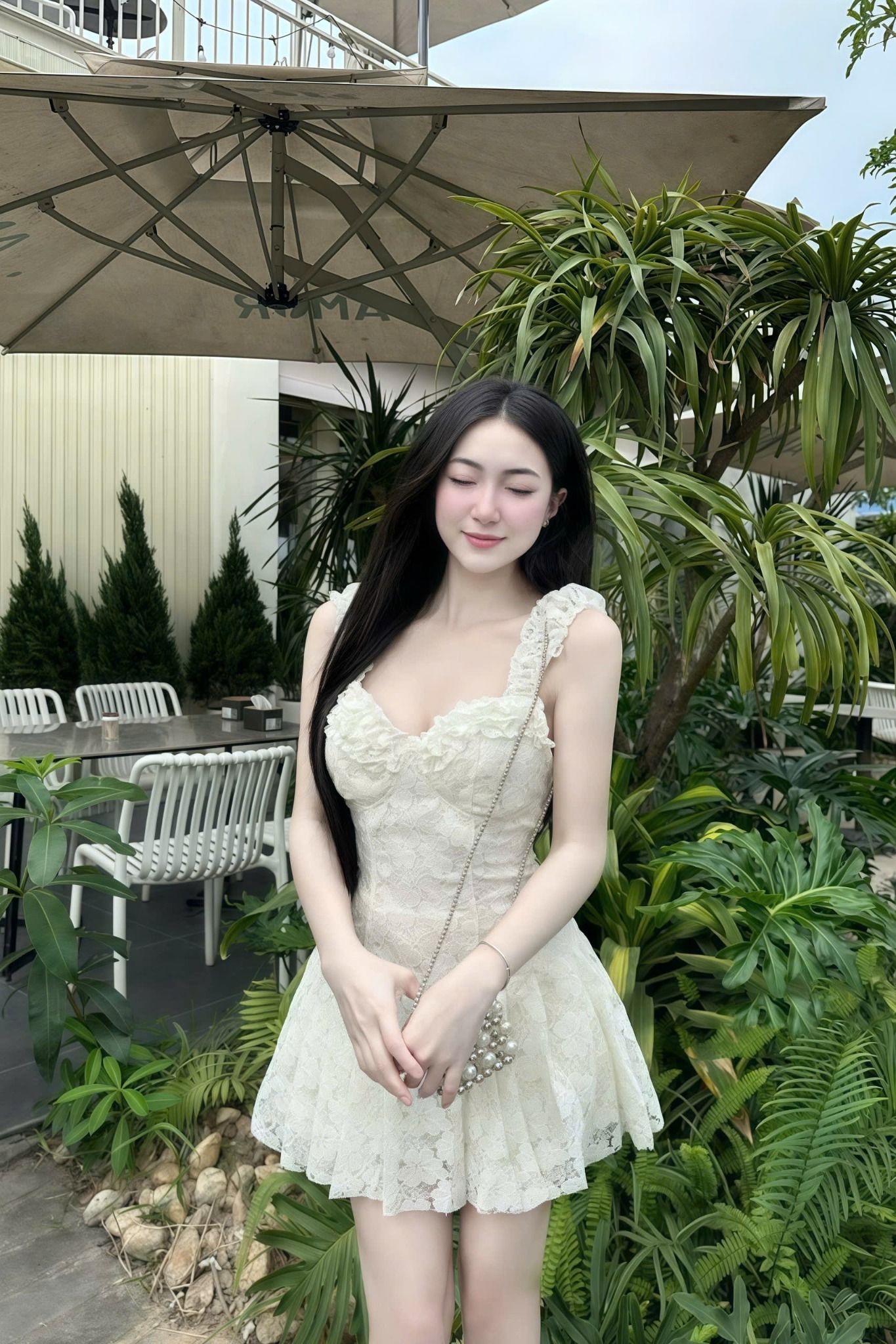 Váy ren hoa phối bèo chân váy dập ly dáng xòe - V542 (eo S<68, M<72)