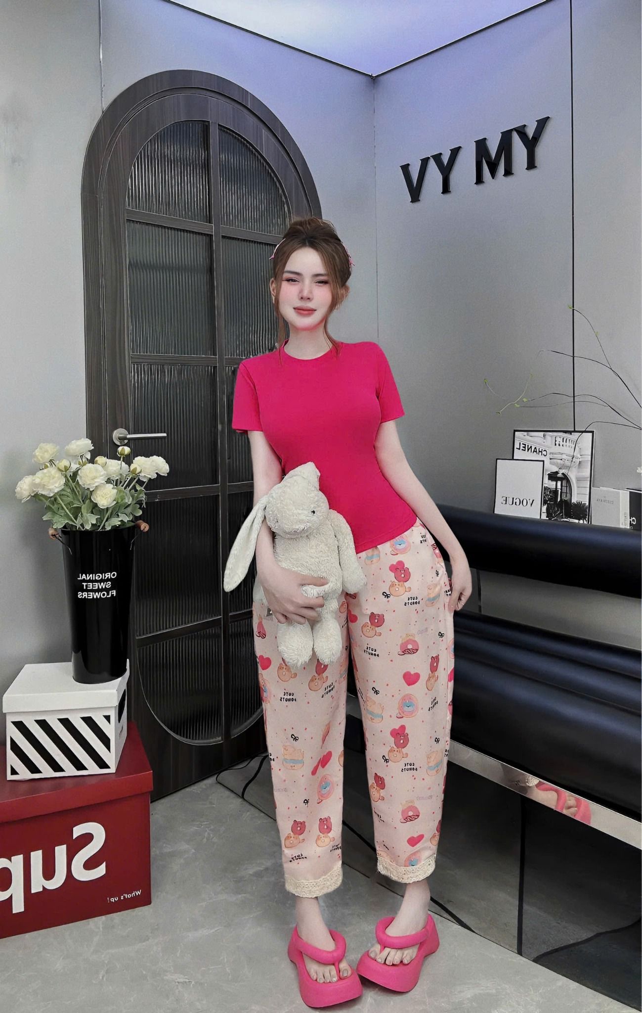 Set áo beauty mix quần 9 tất họa tiết phối viền ren - HỒNG ĐẬM - V539