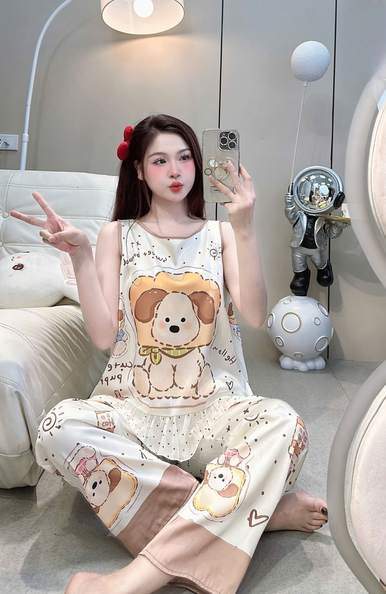 Set bộ pyjama sat nách mix quần dài họa tiết - HỌA TIẾT 10 - H35 ( gấu tai nâu )