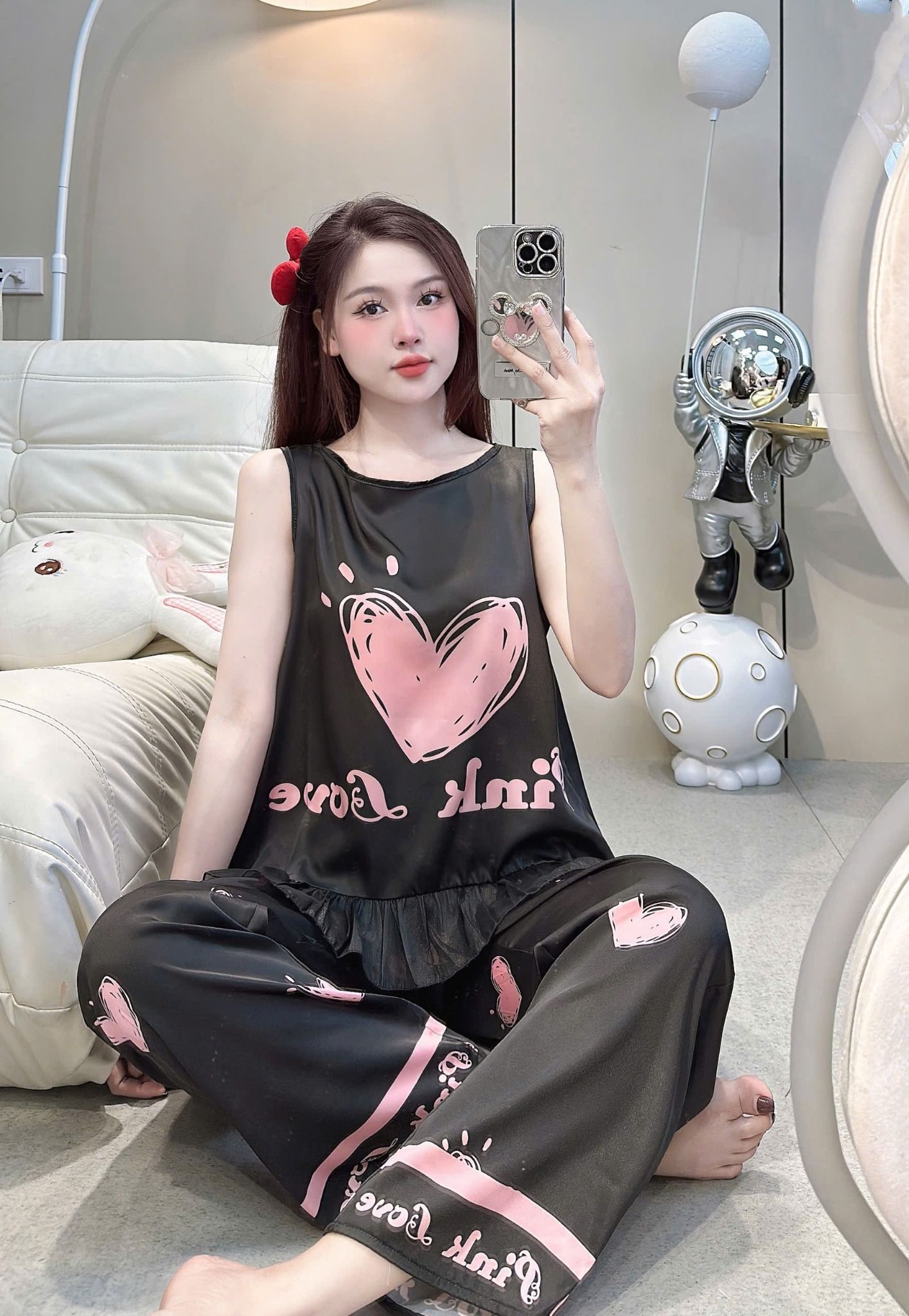 Set bộ pyjama sat nách mix quần dài họa tiết - HỌA TIẾT 2 - H27 ( tim hồng nền đen )