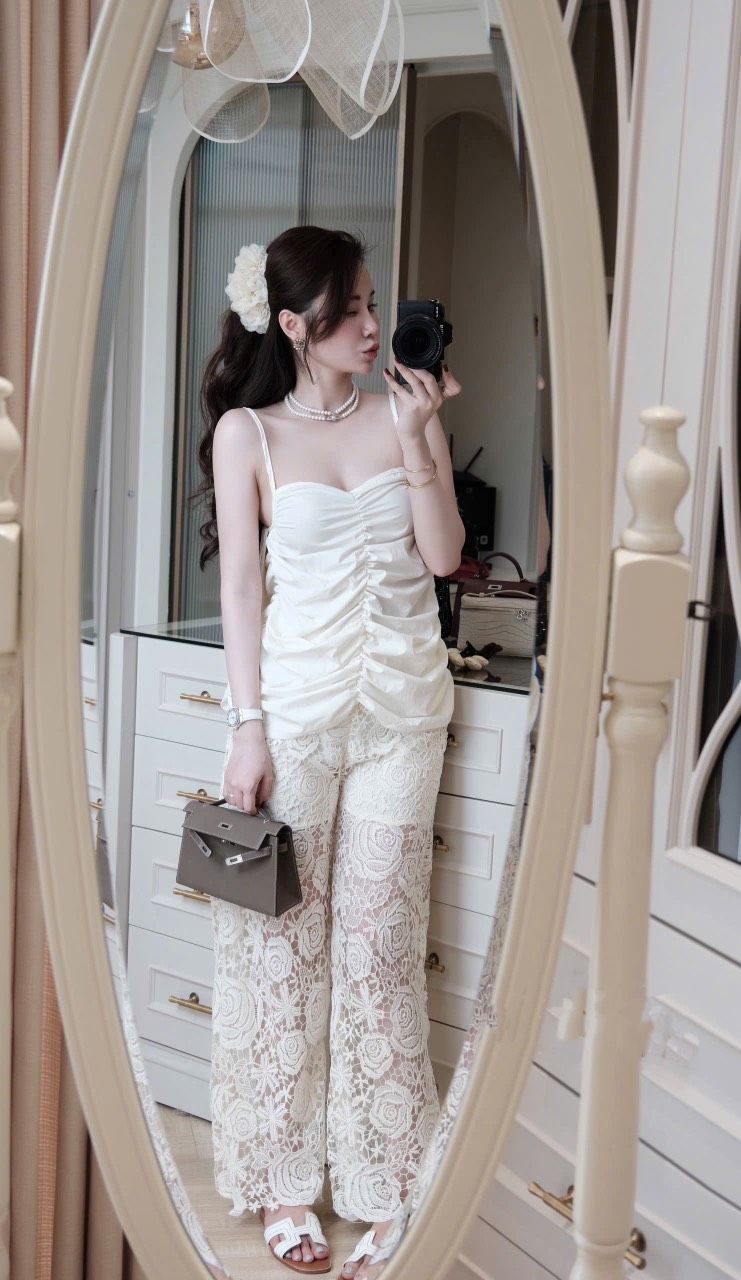 Set áo hai dây nhún mix quần suông ren sang chảnh - H79 ( eo S<68, M<72 )