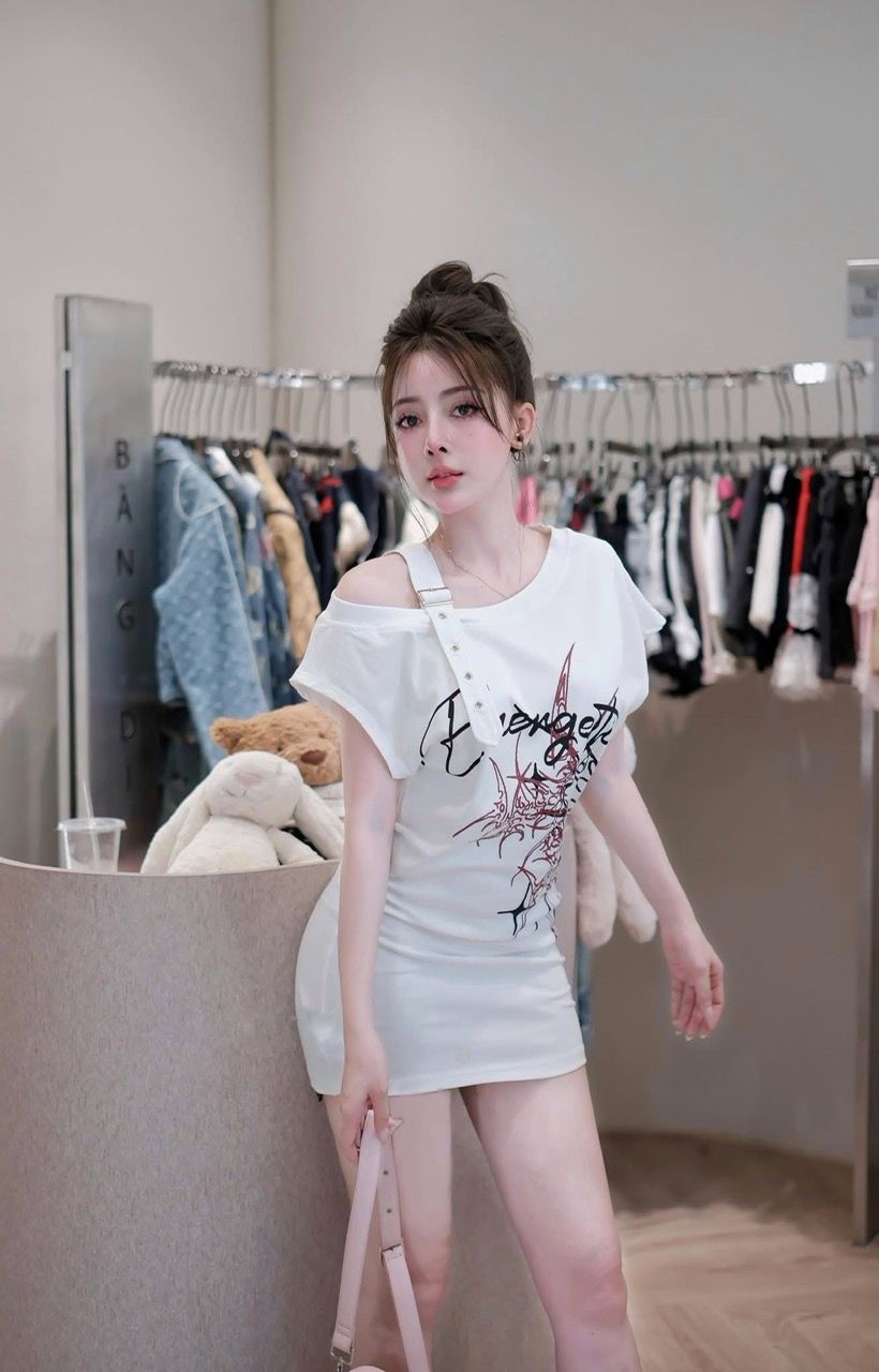 Đầm cotton trễ vai đai chữ ngực dáng ngắn - TRẮNG - H130