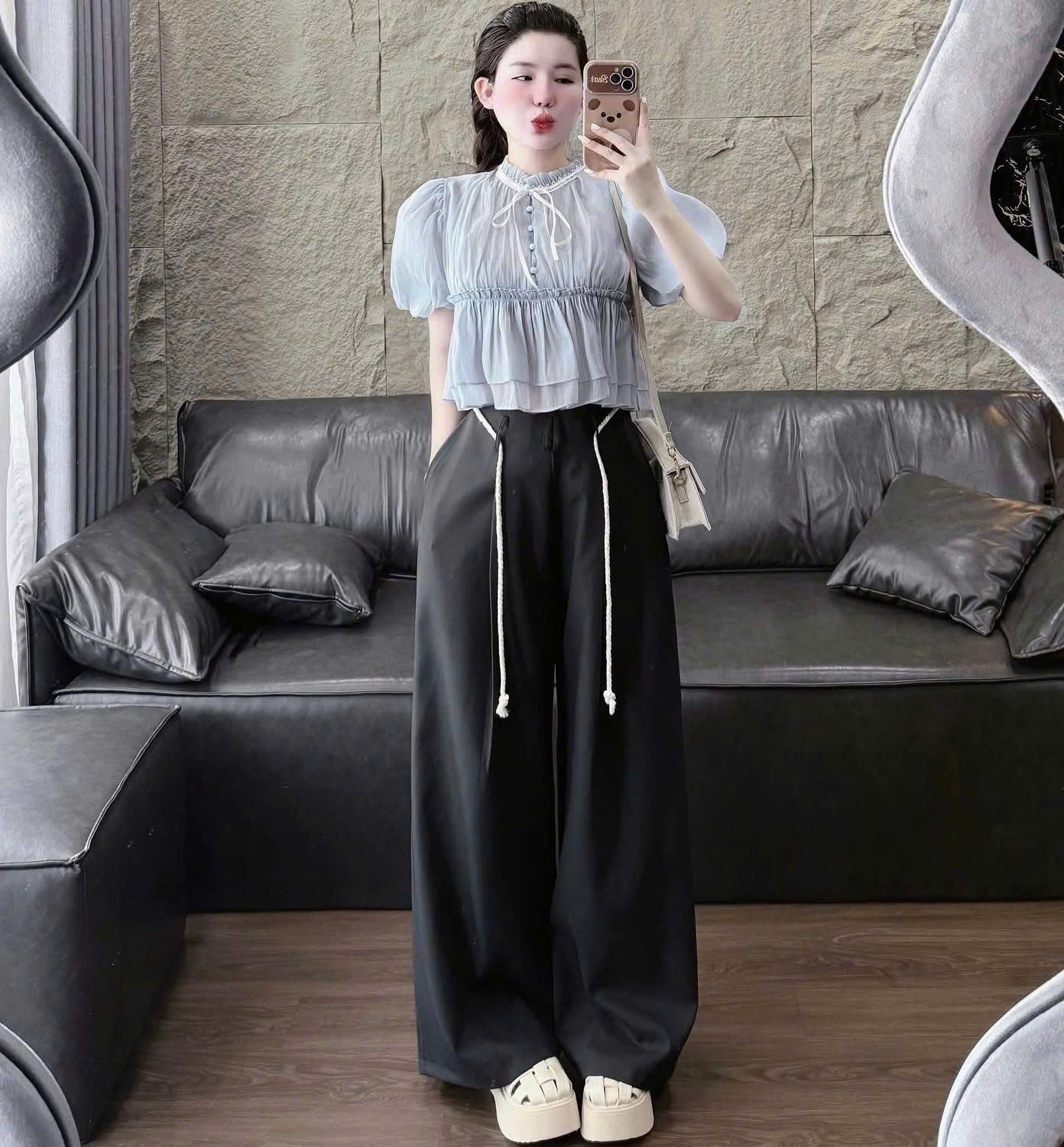 Set áo babydoll croptop tay bồng mix quần suông kèm dây - H152 (eo S<68, M<72)