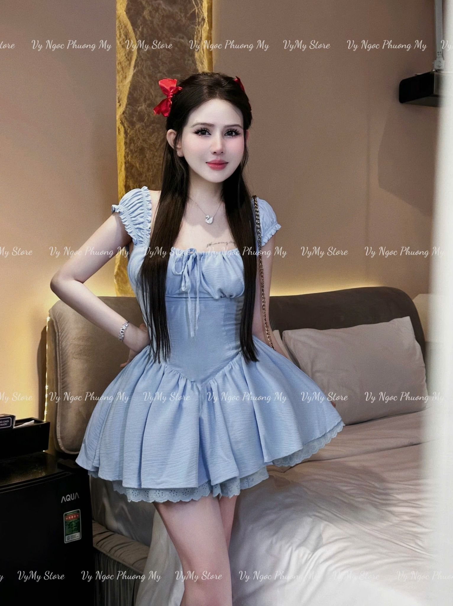 Đầm cánh tiên thắt nơ chân bồng đúp 3 lớp tôn dáng - XANH DƯƠNG - V403 - HÀNG SALE LỖ KO ĐỔI TRẢ DƯỚI MỌI HÌNH THỨC