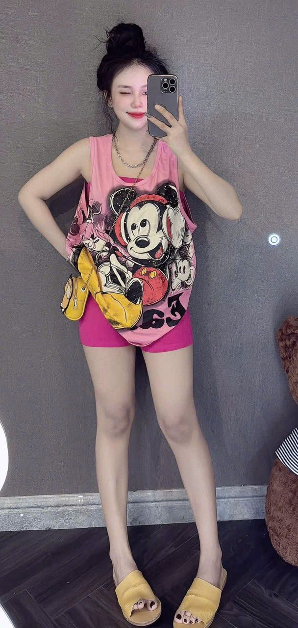 Set 3 món áo ống kèm tanktop mickey mix quần đùi - HỒNG - H285